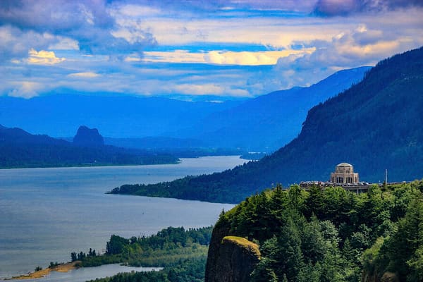 The Columbia River Gorge under a clearing sky, Oregon