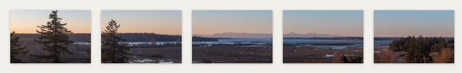 All 5 panels of Puget Sound Sunset hung in order on a wall
